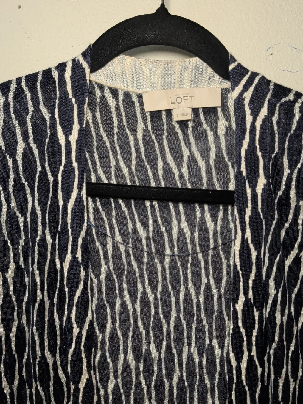 LOFT Navy + White Open-Front Patterned Cardigan Ramie Blend Women's Size S